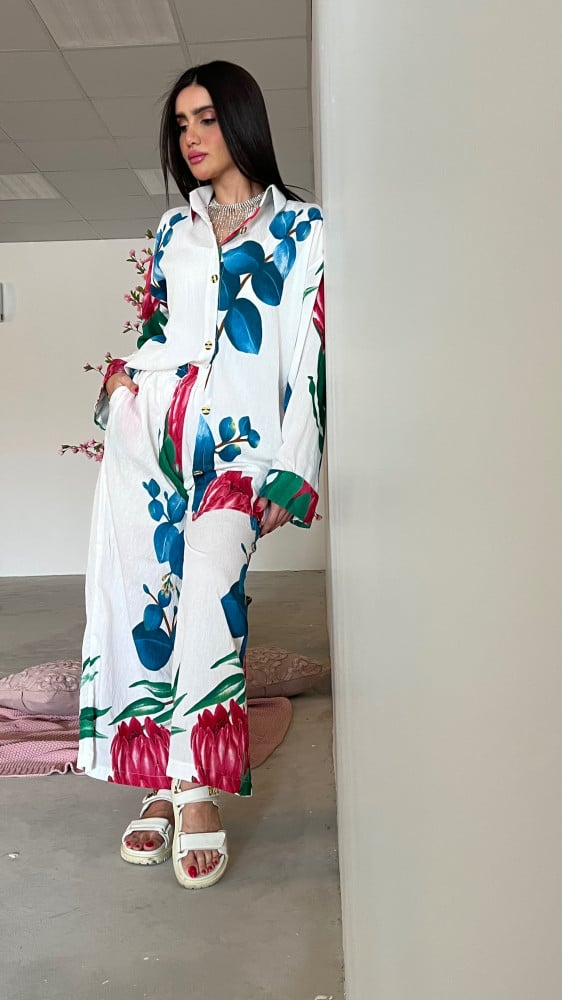 A loose, light, and cool summer set in white with floral print linen.