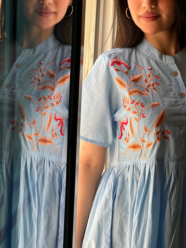 Sky blue cotton dress embroidered with colorful threads, very cool and lightweight, size 23