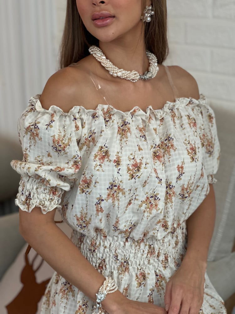 White floral dress, lightweight and cool crepe, off-shoulder, size 29