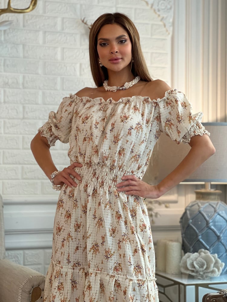 White floral dress, lightweight and cool crepe, off-shoulder, size 29