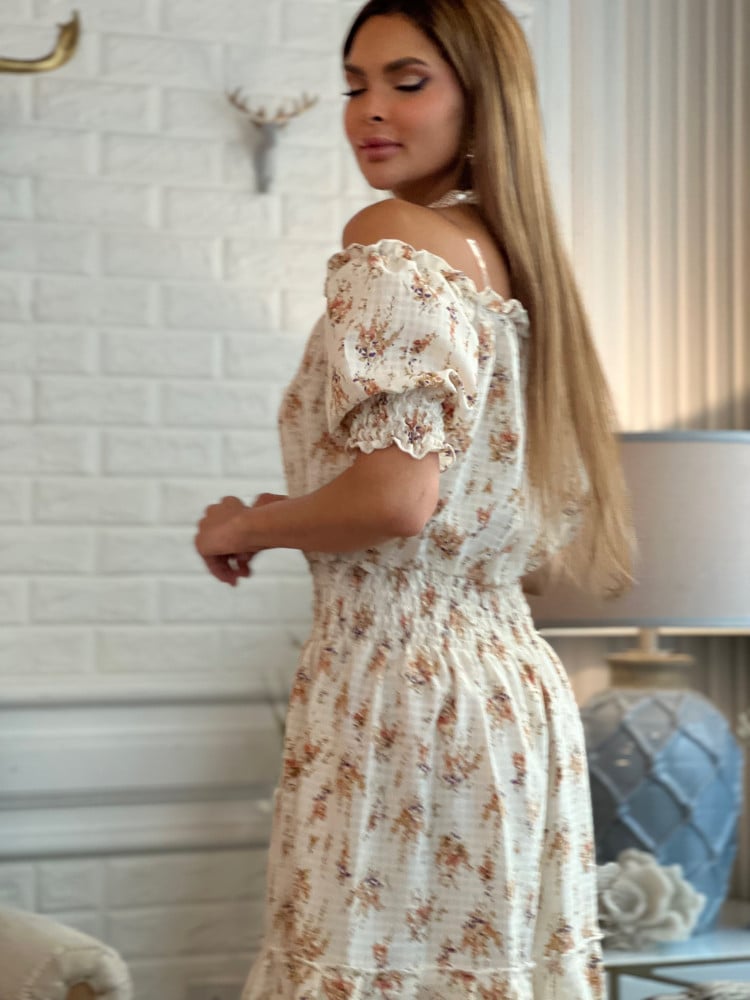 White floral dress, lightweight and cool crepe, off-shoulder, size 29