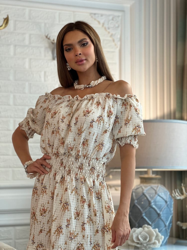 White floral dress, lightweight and cool crepe, off-shoulder, size 29