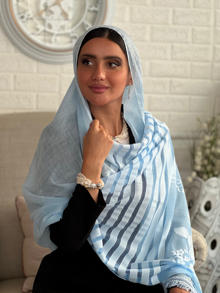 طرحة سماوي لينن خفيفه وباردة مطرزة بالخيوط رقم 15