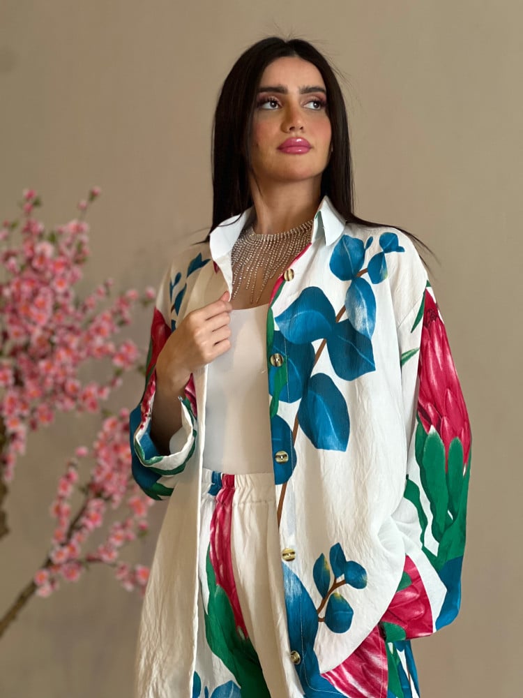 A loose, light, and cool summer set in white with floral print linen.