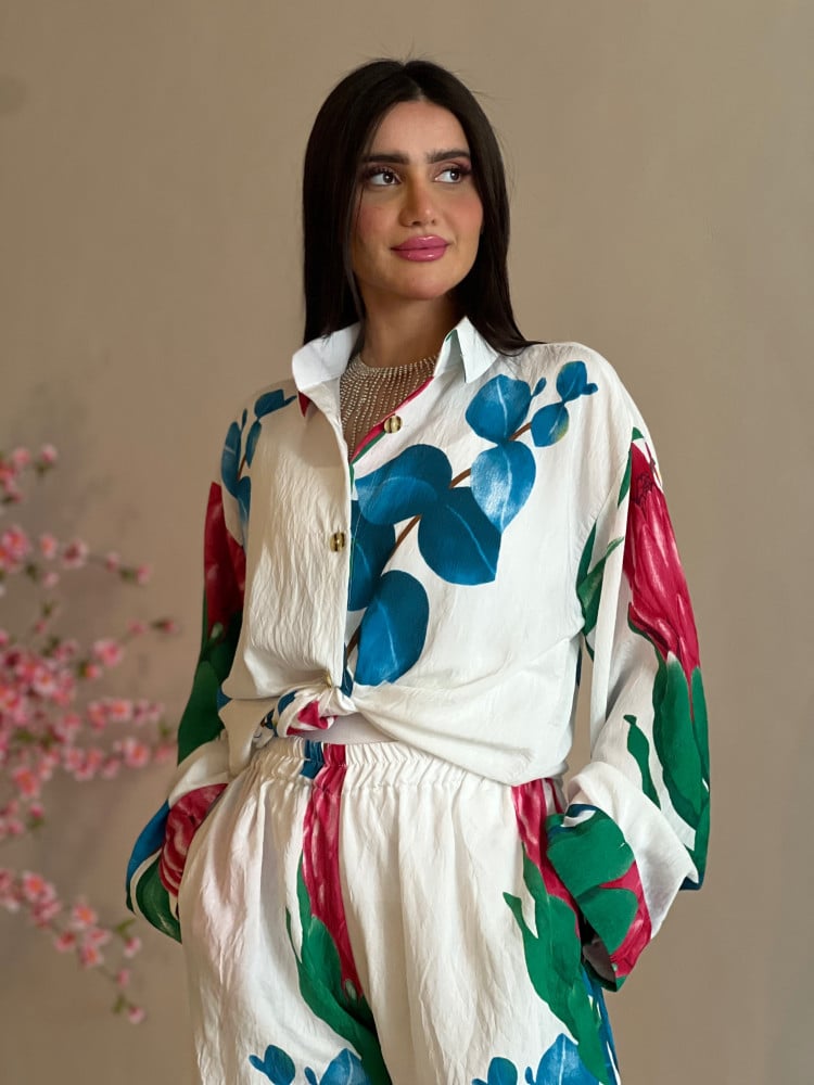 A loose, light, and cool summer set in white with floral print linen.