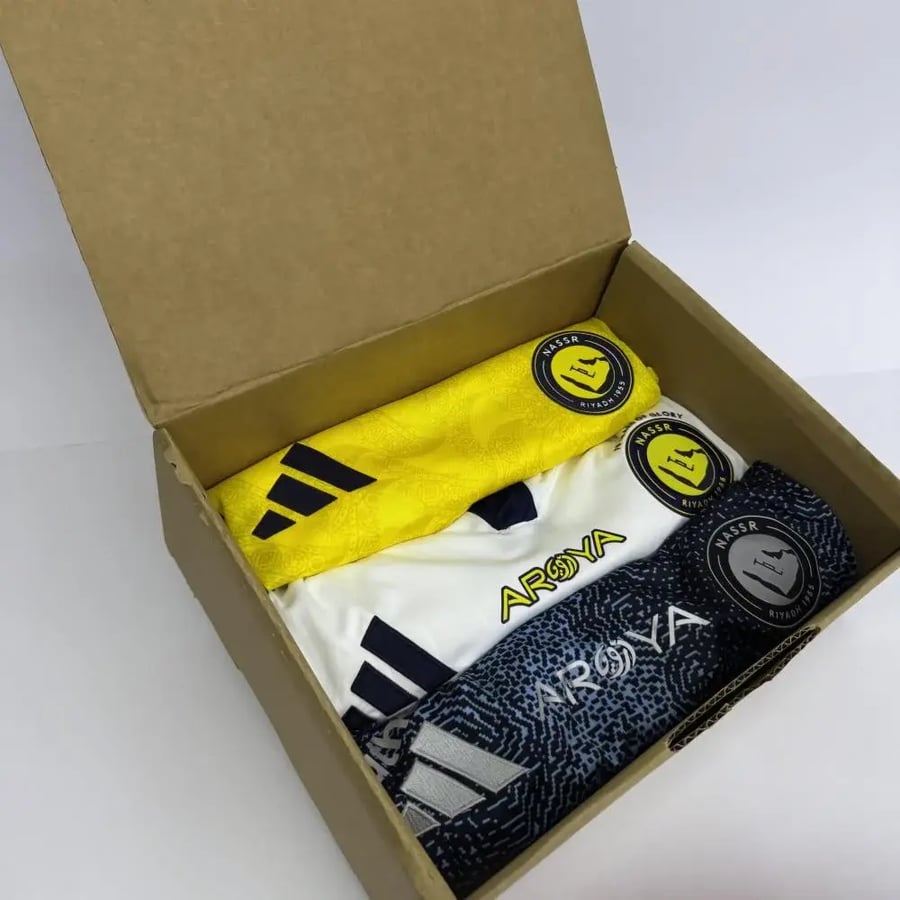 بكج 3 تيشيرتات النصر 2026 الأساسي والاحتياطي والثالث بتصميم رسمي