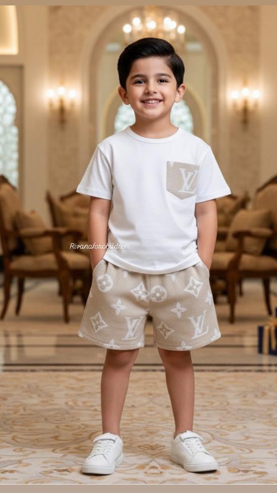 Children's set of two pieces, white and beige color