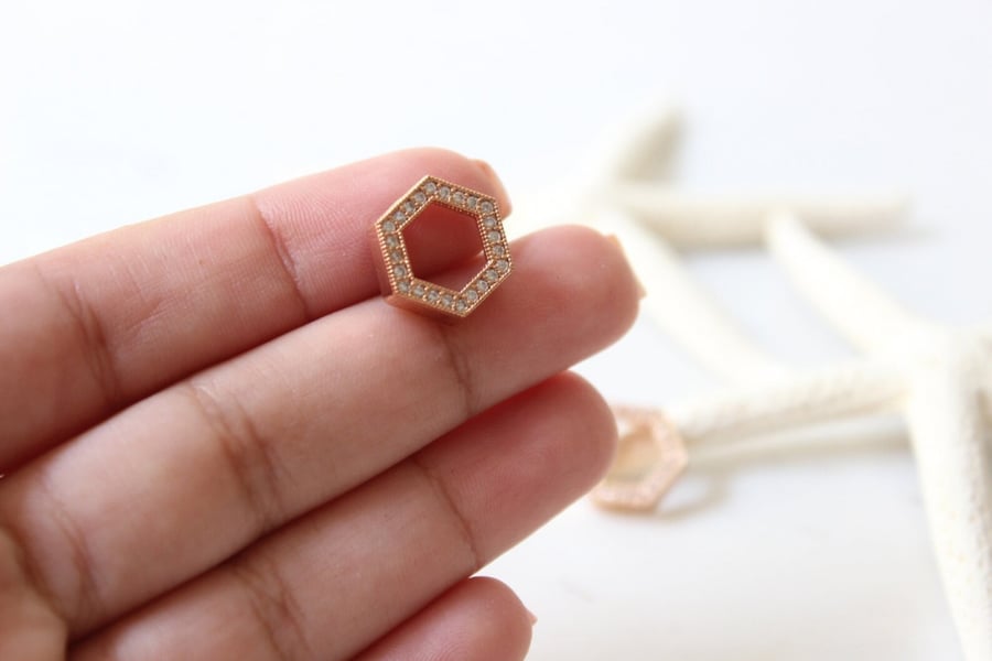 Rose Gold Plated Micro Pave Hexagon , White Hexagon Pendant, Rose Pave Pendant, Cubic Zirconia Hexagon, White Hexagon