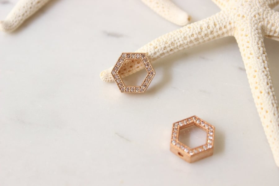Rose Gold Plated Micro Pave Hexagon , White Hexagon Pendant, Rose Pave Pendant, Cubic Zirconia Hexagon, White Hexagon