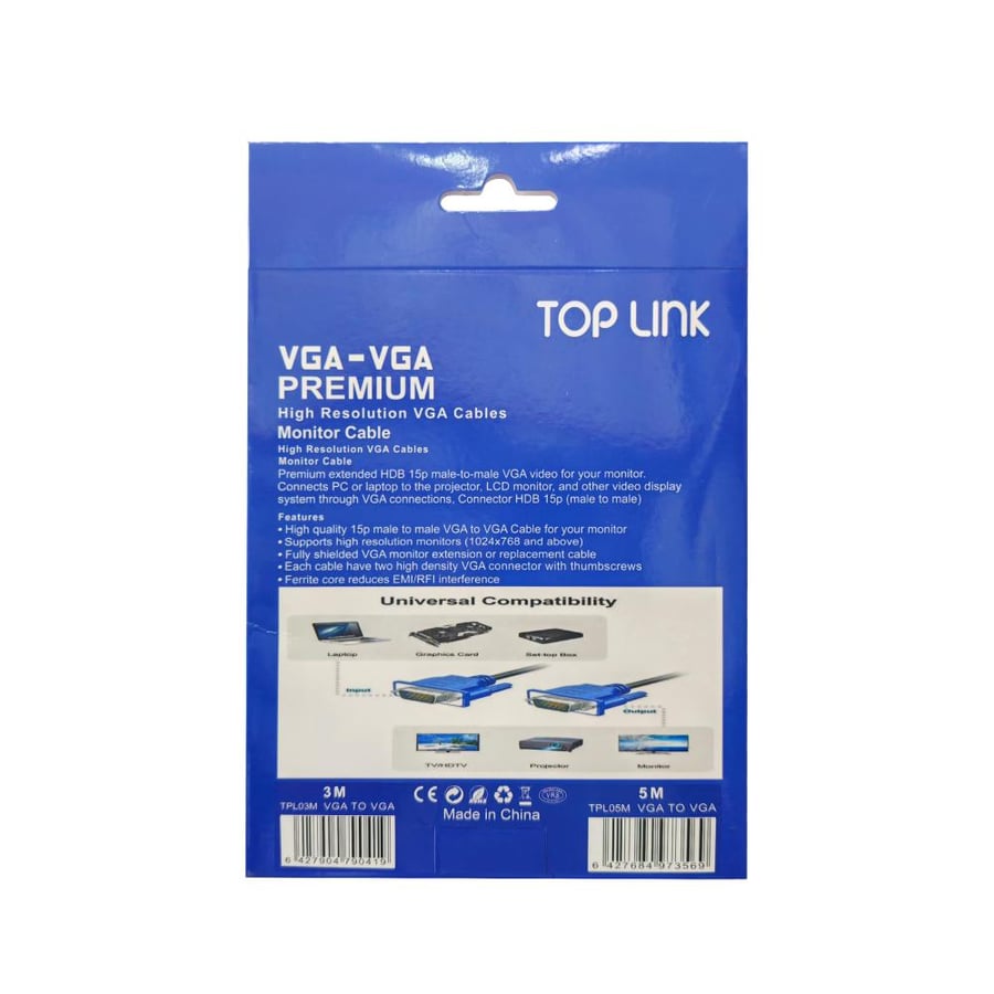 كيبل شاشة توب لنك  3 متر  CABEL TOPLINK VGA TO VGA 3M