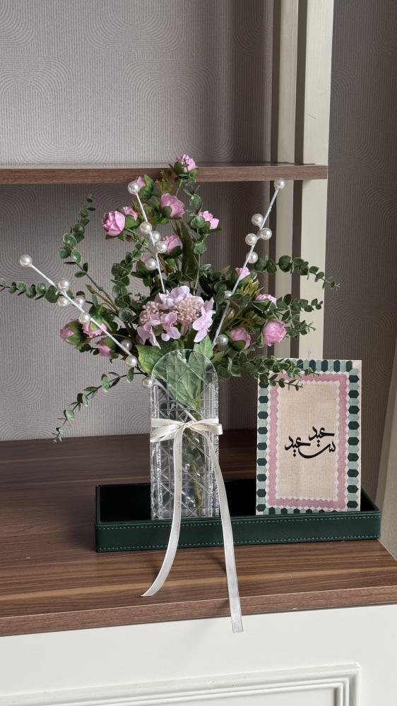 صينيه العيد جلد مع فازه صناعي ،اخضر