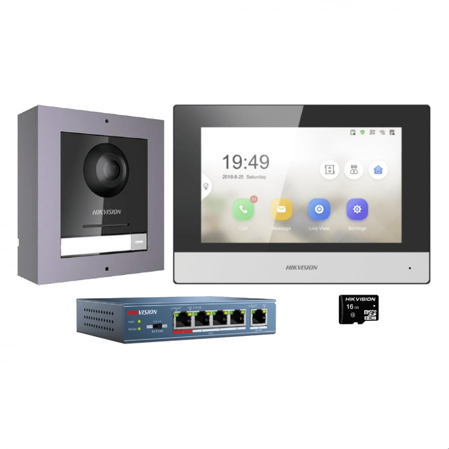 HIKVISION Video Intercom KIT 1pc DS-KD8003-IME1/Surface, 1pc DS-KH6320-WTE1 and 1pc 4 port standard PoE switch and 1pc 16GB TF card