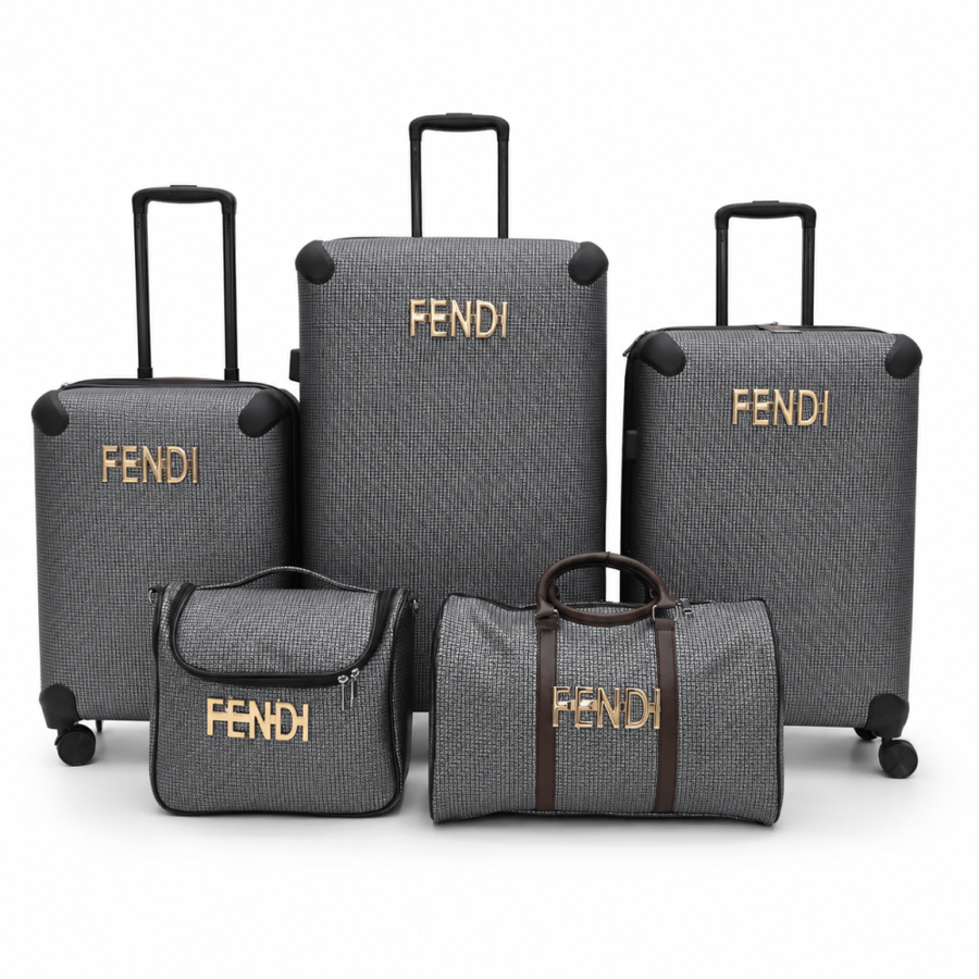 طقم شنط سفر 5 قطع قابل للتوسعة بتصميم FENDI – رمادي منقش