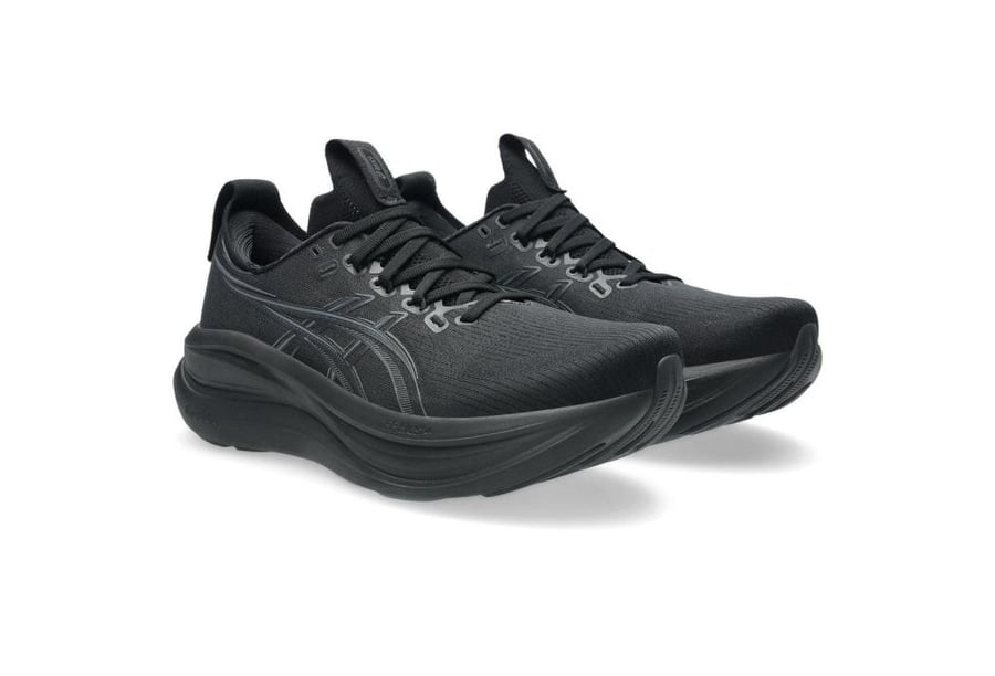 حذاء الجري ASICS GEL-NIMBUS 28 باللون الأسود بالكامل.
