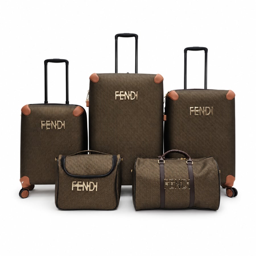 طقم شنط سفر 5 قطع قابل للتوسعة بتصميم FENDI – بني داكن منقش