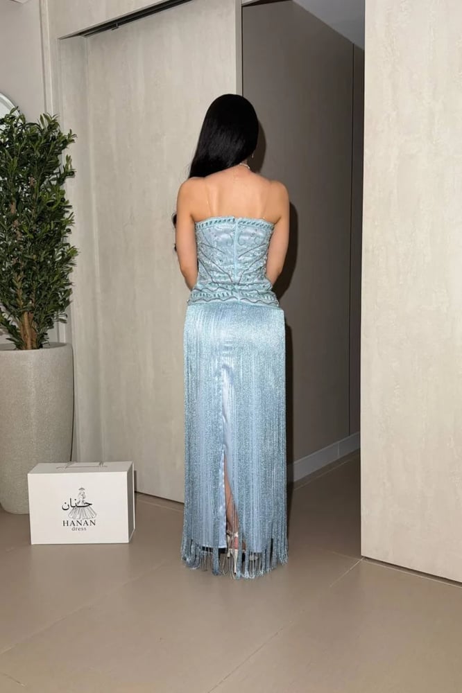 فستان لياليلي سهرة بهدب ب لون سماوي انييق باللبس تطريز يدوي ب لمعه
