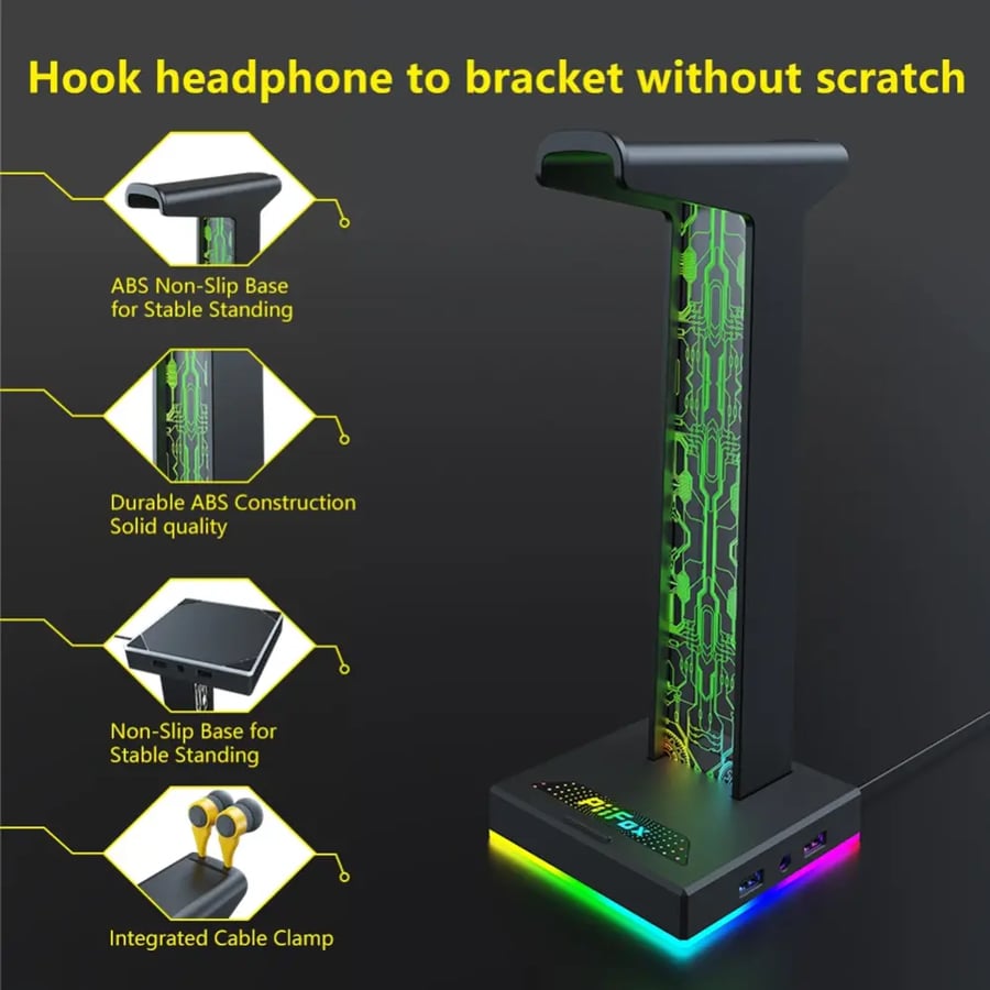 حامل سماعة رأس RGB للألعاب بمنفذي USB وتأثيرات إضاءة وصوت