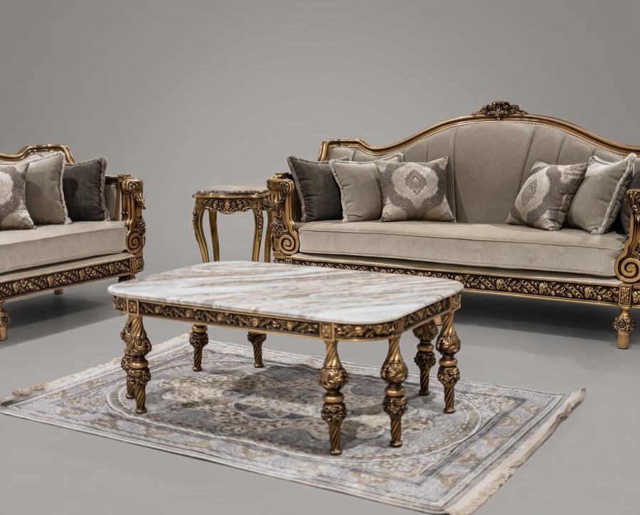 طقم رمانة - أريكة وسفينة وأكسسوارات منزلية فاخرة بتصميم كلاسيكي ذهبي