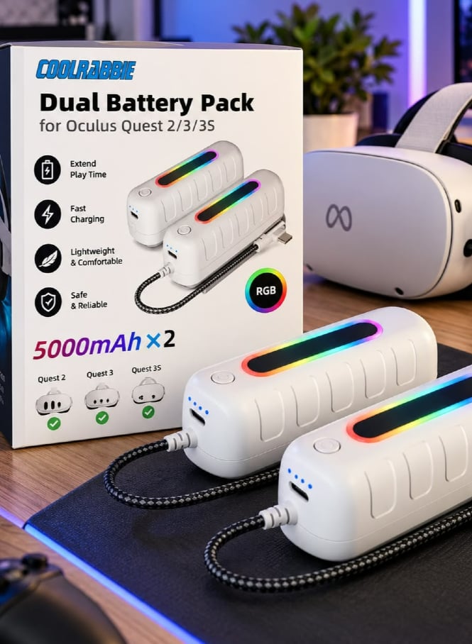 عبوة بطارية CoolRabbie 2 RGB لـ Oculus Meta Quest 2/3/3S، قدرة 5000 مللي أمبير مع أضواء RGB متعددة الألوان ملحقات طاقة VR لزيادة وقت اللعب من 2-4 ساعات إضافية (عبوة من قطعتين)