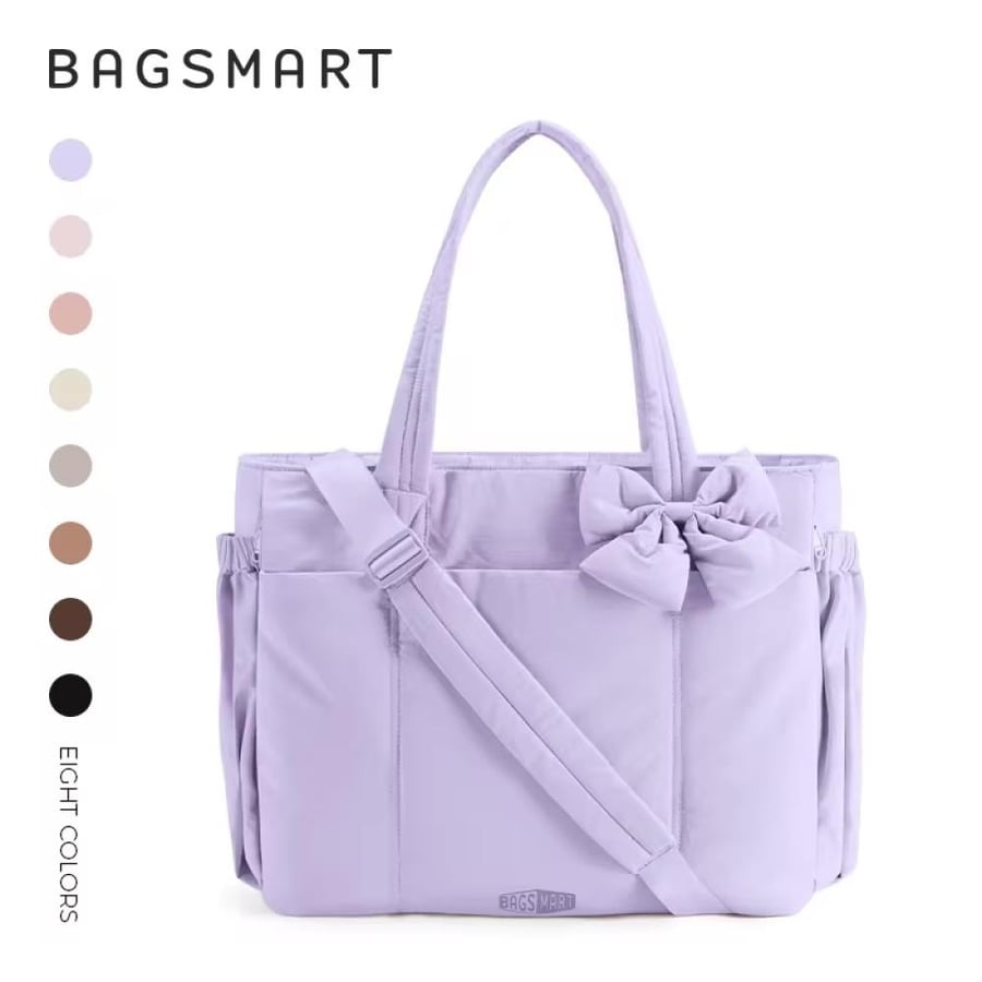 حقيبة كتف نسائية BAGSMART مبطنة مع فيونكة – حقيبة كبيرة للابتوب واليوغا والجيم
