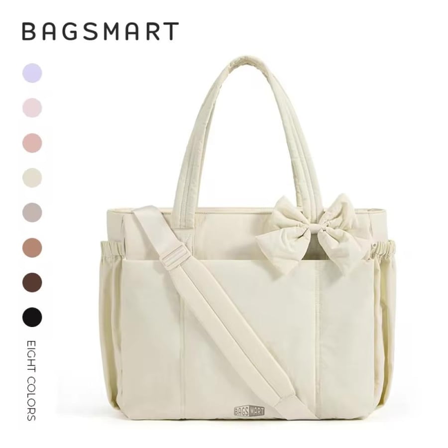 حقيبة كتف نسائية BAGSMART مبطنة مع فيونكة – حقيبة كبيرة للابتوب واليوغا والجيم