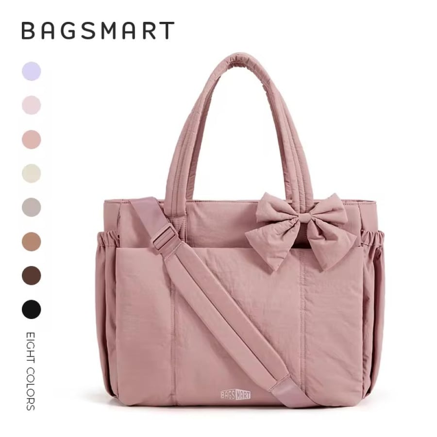 حقيبة كتف نسائية BAGSMART مبطنة مع فيونكة – حقيبة كبيرة للابتوب واليوغا والجيم