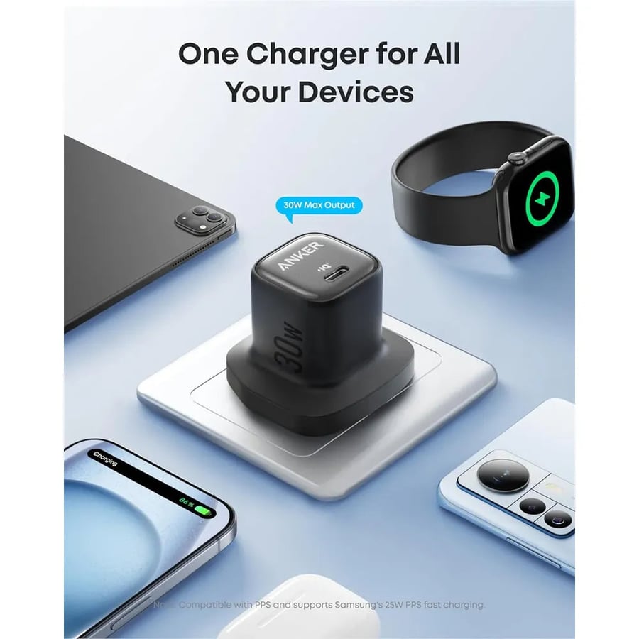 شاحن انكر USB-C 30 واط سريع مع كيبل تايب سي اسود مدمج