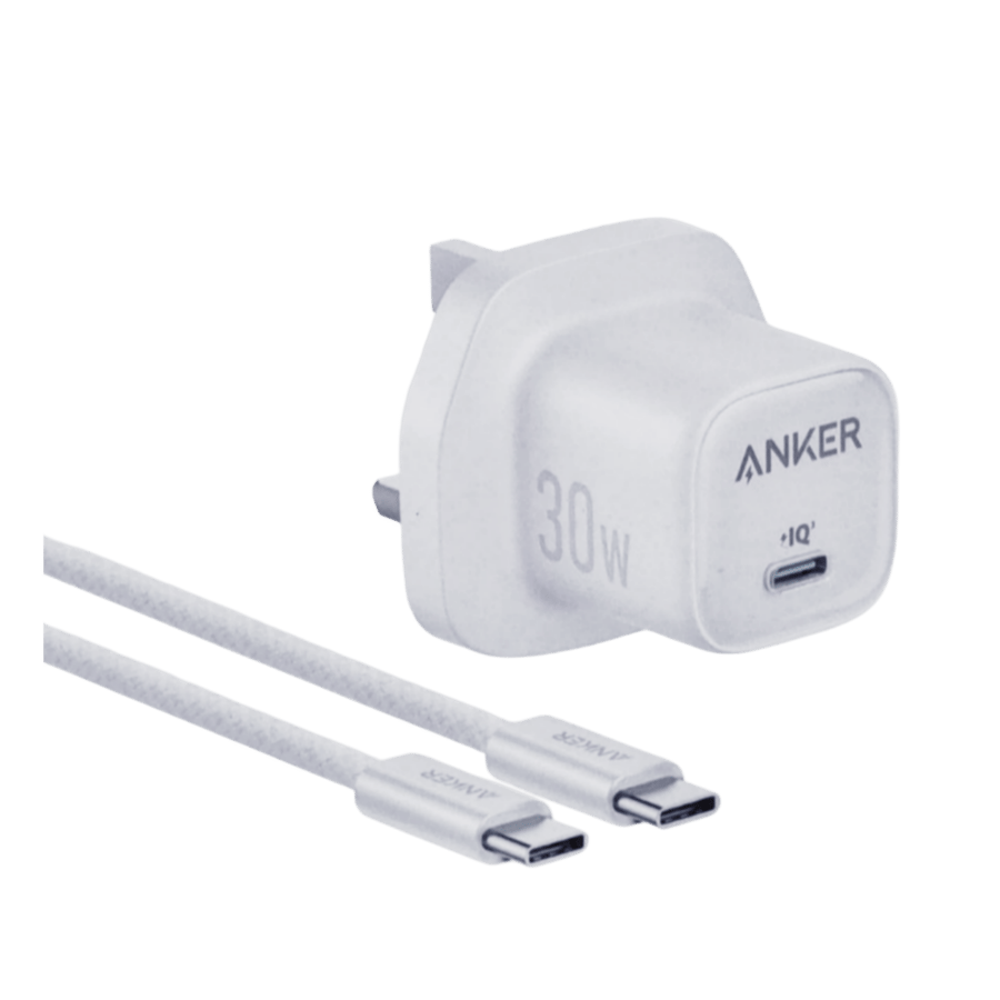 شاحن انكر USB-C 30 واط سريع مع كيبل تايب سي ابيض مدمج