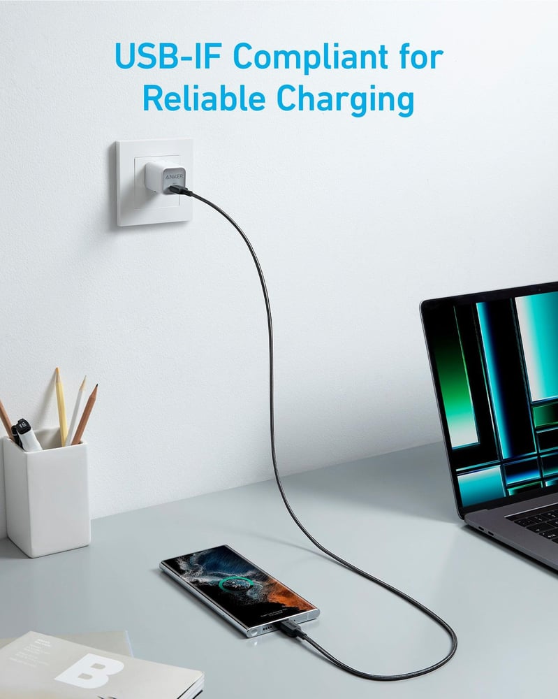 كيبل انكر USB-C إلى USB-C 60 واط سريع 1.8 متر اسود متين