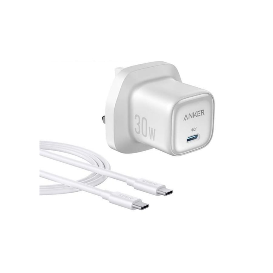 شاحن انكر USB-C 30 واط سريع مع كيبل تايب سي ابيض مدمج