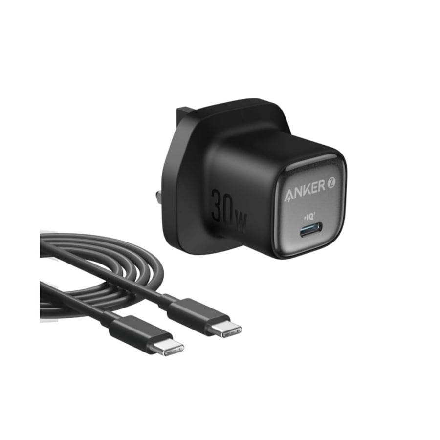 شاحن انكر USB-C 30 واط سريع مع كيبل تايب سي اسود مدمج