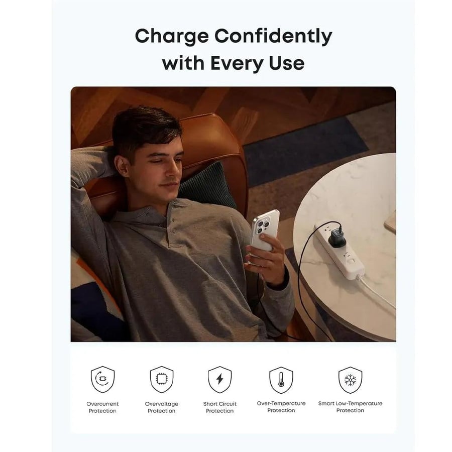 شاحن انكر USB-C 30 واط سريع مع كيبل تايب سي ابيض مدمج