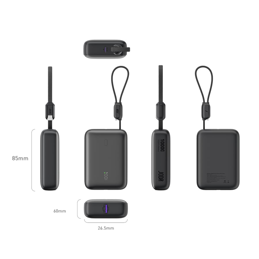 باور بانك JODA HALO 10 بسعة 10000mAh بكابل مدمج شحن سريع PD/PPS تصميم مدمج وخفيف - اسود