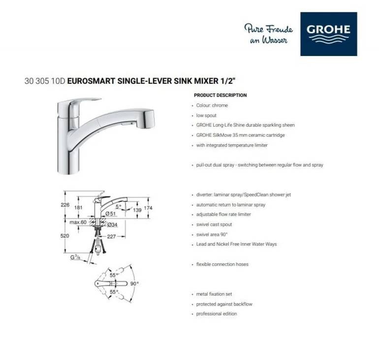 خلاط مجلى جروهي GROHE Eurosmart بسحب مرن كروم 3030510D