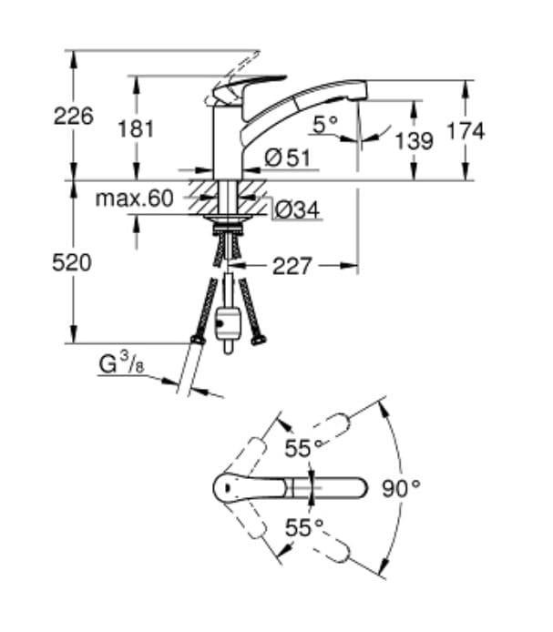 خلاط مجلى جروهي GROHE Eurosmart بسحب مرن كروم 3030510D