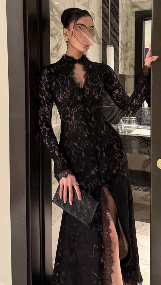 فستان سهرة دانتيل أسود فاخر