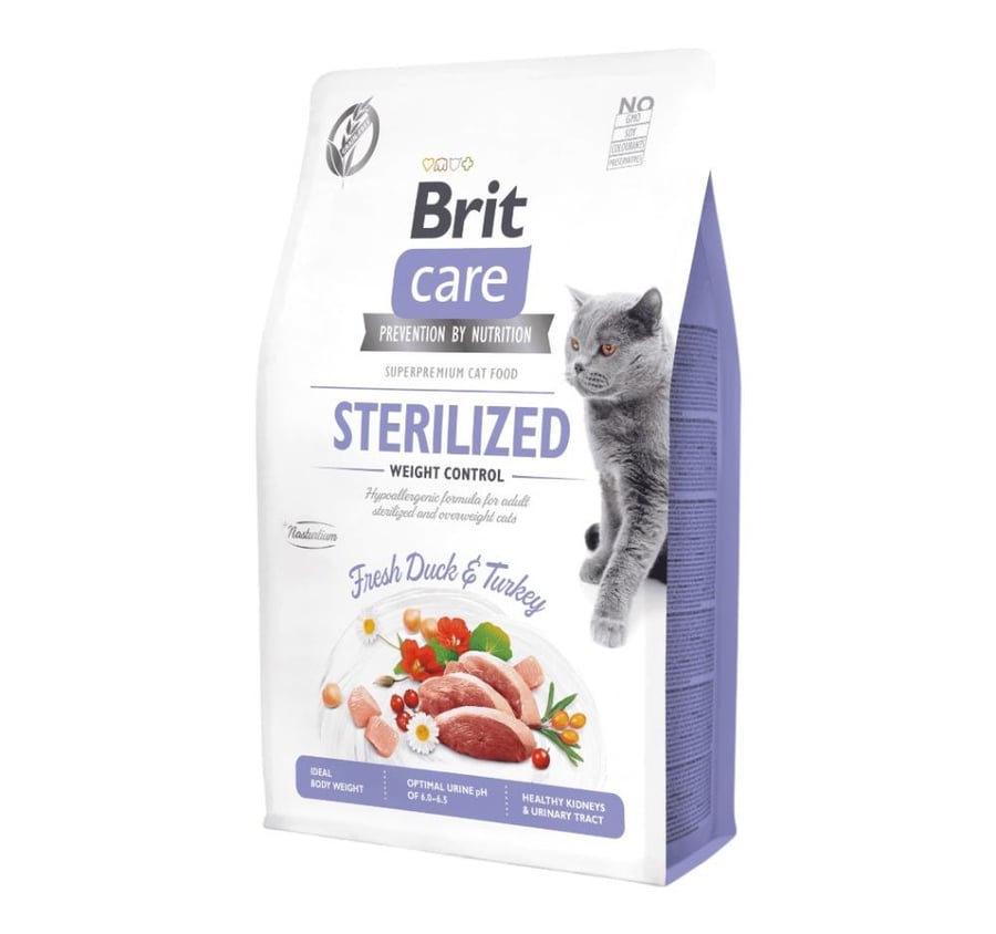 بريت كير اكل جاف للقطط المعقمة البالغة للتحكم بالوزن بالبط والديك الرومي الطازج 2كج Brit care sterilised fresh duck and turkey dry food adult cat 2kg