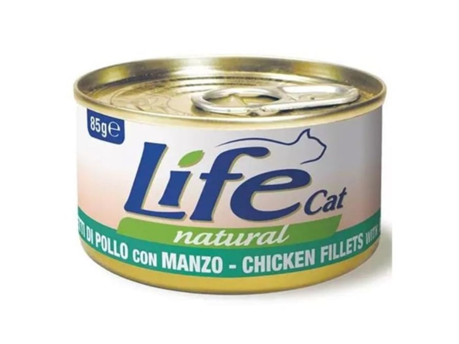 لايف كات اكل رطب للقطط البالغة بالدجاج مع اللحم 85 جم Life cat wet food adult cat chicken with beef 85 gm