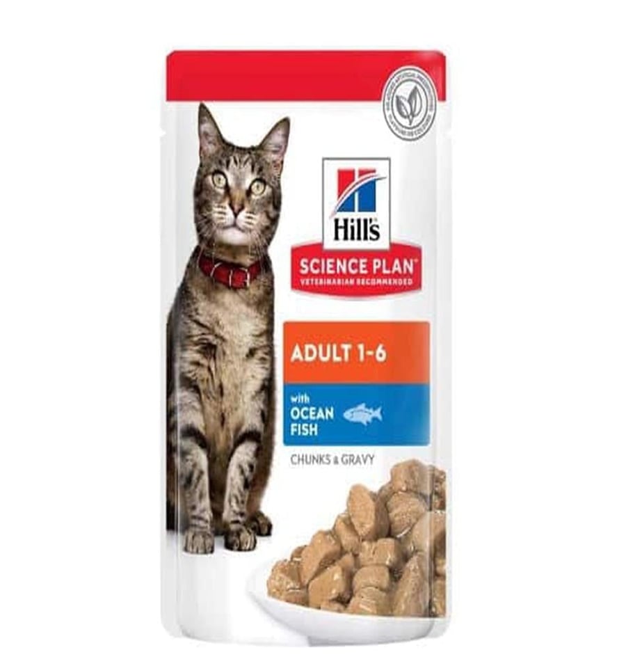 هيلز ادولت اظرف طعام رطب للقطط  بالسمك المحيط مع مرق للقطط البالغة85جم  Hills adult ocean fish wet food adult cat 85g