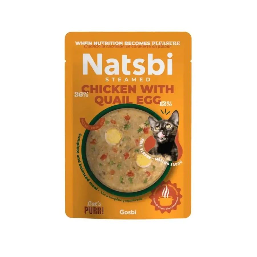 ناتسبي اظرف طعام رطب للقطط البالغة بنكهة الدجاج وبيض السمان مطهو على البخار 80 جم Natsbi steamed adult wet food cat with chicken and quail egg 80gm