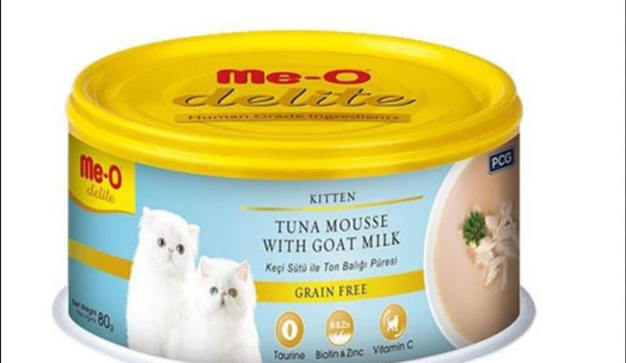 ميو او كيتن تونة المهروسة مع حليب الماعزللقطط الصغيرة 80 جم me-o kitten tuna mousse with goat milk wet food cat 80gm