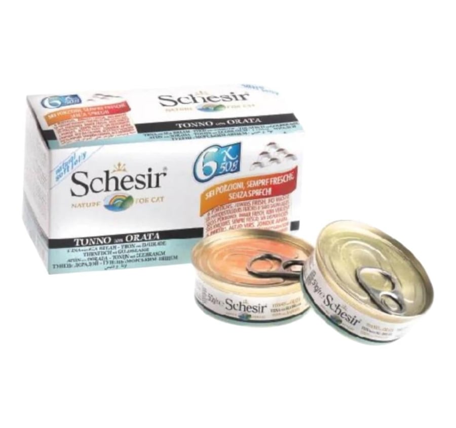 Schesir canned wet food for cats, tuna with sea bream in jelly for adult cats, 6x50g.
