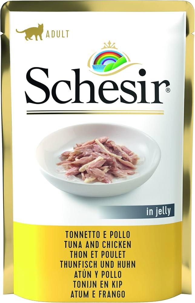 Schesir adult, the most polite wet food for cats, chicken with tuna in jelly, for adult cats, 85g