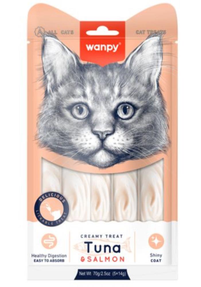 مكافات قطط وانبي كريمية تونا مع سلمون 5 اظرف 5x14جم treats Wanpy creamy tuna and salmon 5pieces 5x14gm
