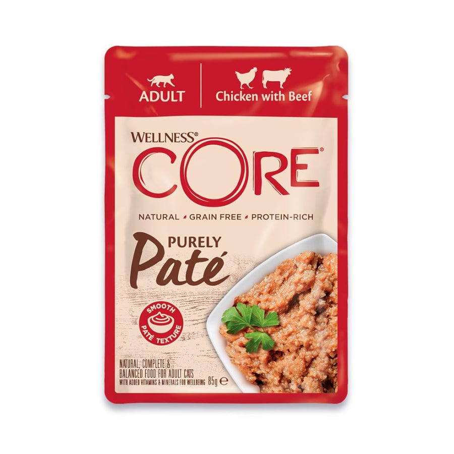ويلنس كور باتيه اظرف طعام رطب للقطط البالغة بنكهة الدجاج واللحم البقري 85غ Wellness Core Pâté Adult cat Wet Food pouch, Chicken with Beef Flavor, 85g