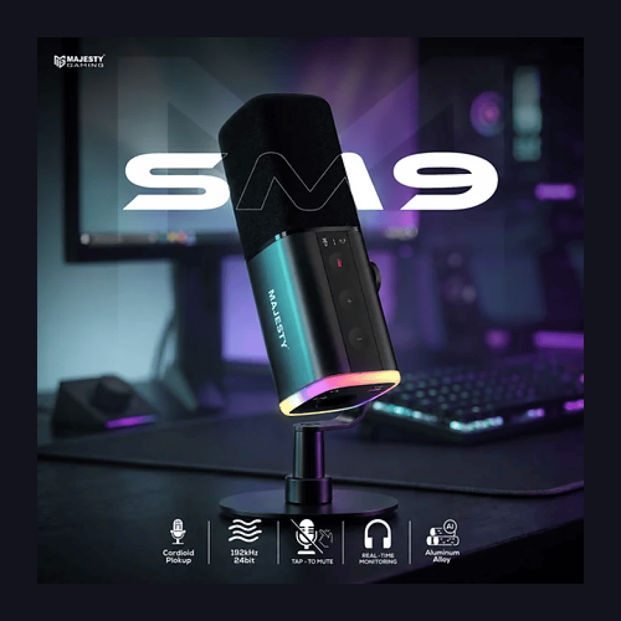 Majesty SM9 High-End Professional Dynamic Microphone | USB-C, XLR, RGB, Real-Time Monitoring – Blackميكروفون احترافي للبث اسود