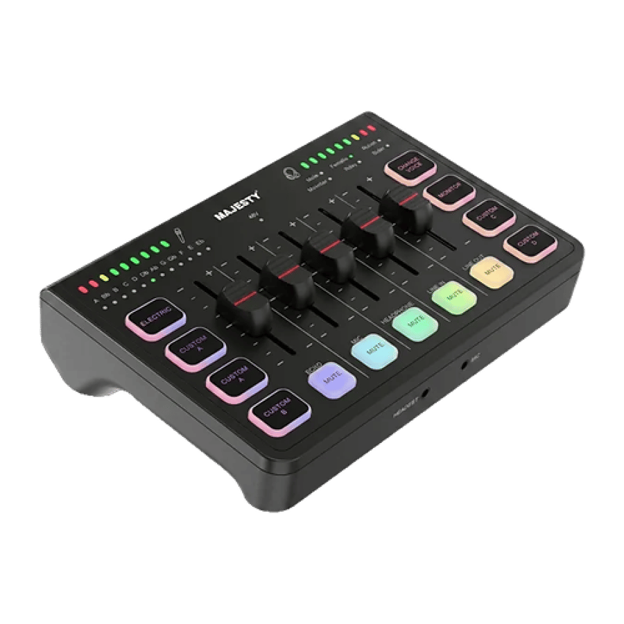 • مكسر البث المباشر والبودكاست Majesty SMS5 اسود   Professional USB Audio Interface Mixer | XLR, 24Bit/48kHz, RGB, Zero-Latency Monitoring – Black
