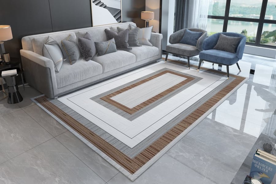 بديل سجاد مودرن بإطار هندسي بني 2×3 متر – ظهر دوتس محبب مانع للانزلاق