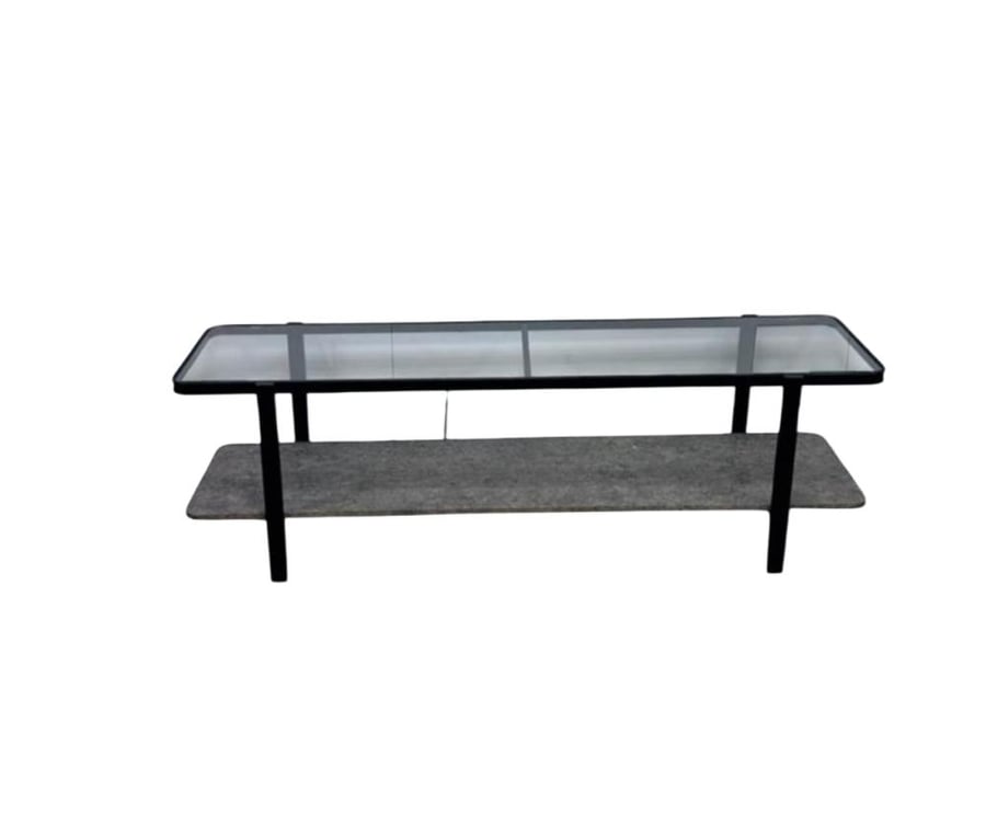 Table with two plasma screens, wood and glass