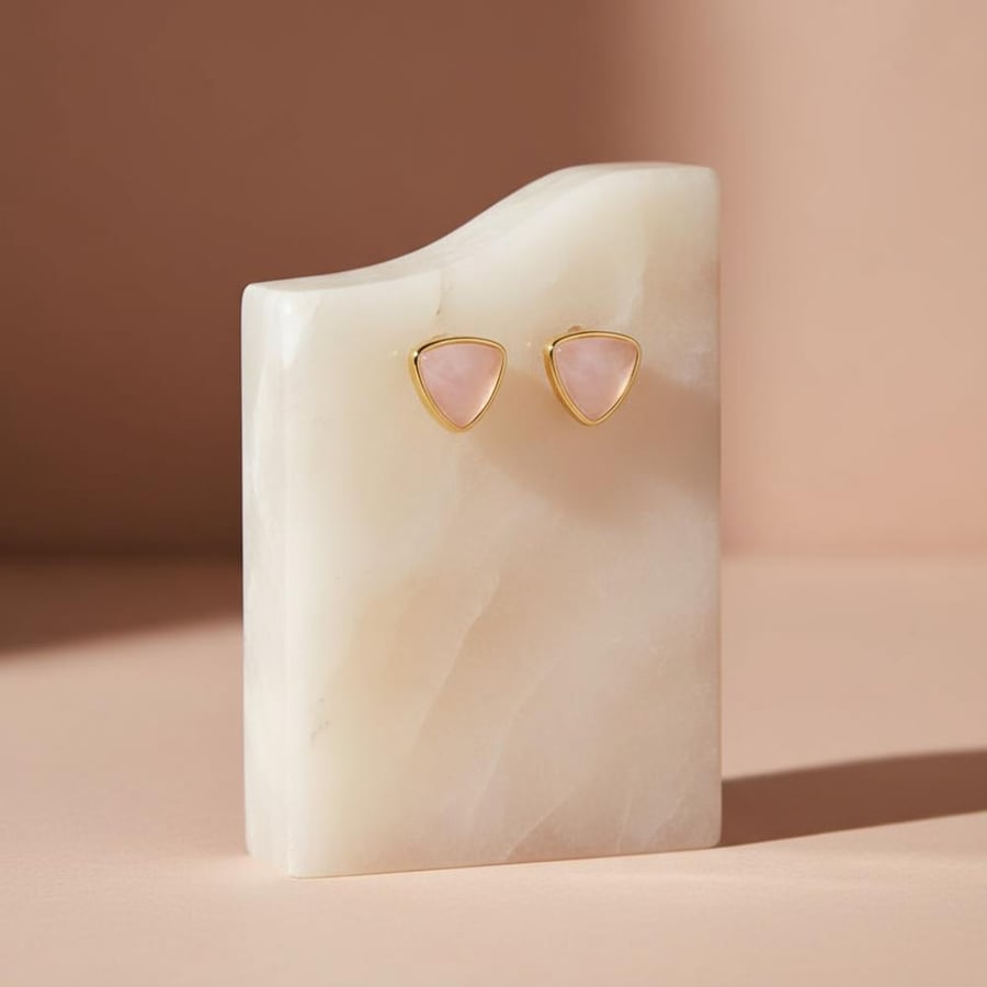 Gold-Plated Rose Quartz Triangle Stud Earrings